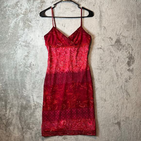 Y2K Vintage Red Bandana Print Mesh Slip Dress Boho Floral Festival Beaded Small - Picture 1 of 7